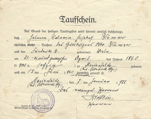 Taufschein blümner weibe - h.,